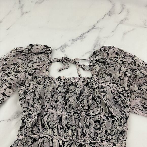 Anthropologie Puff Sleeve Midi Dress Size S Purple Black Sheer Peasant Ruffle - Picture 2 of 10